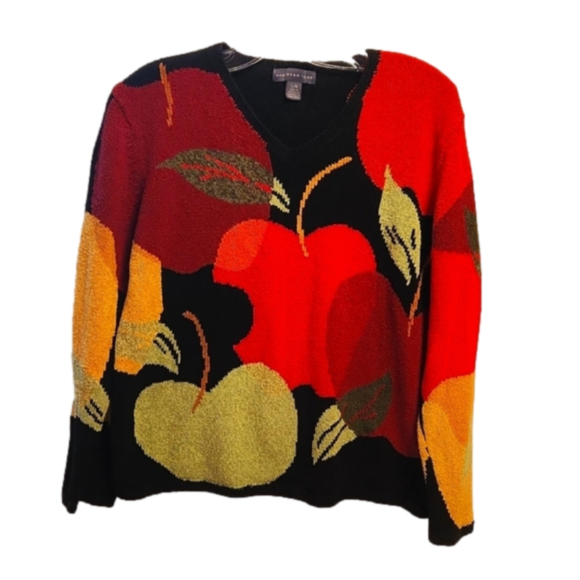 Northern Isles Sweaters - Northern Isles Large Sweater Pullover Apples Fruit Fall Autumn Black Red